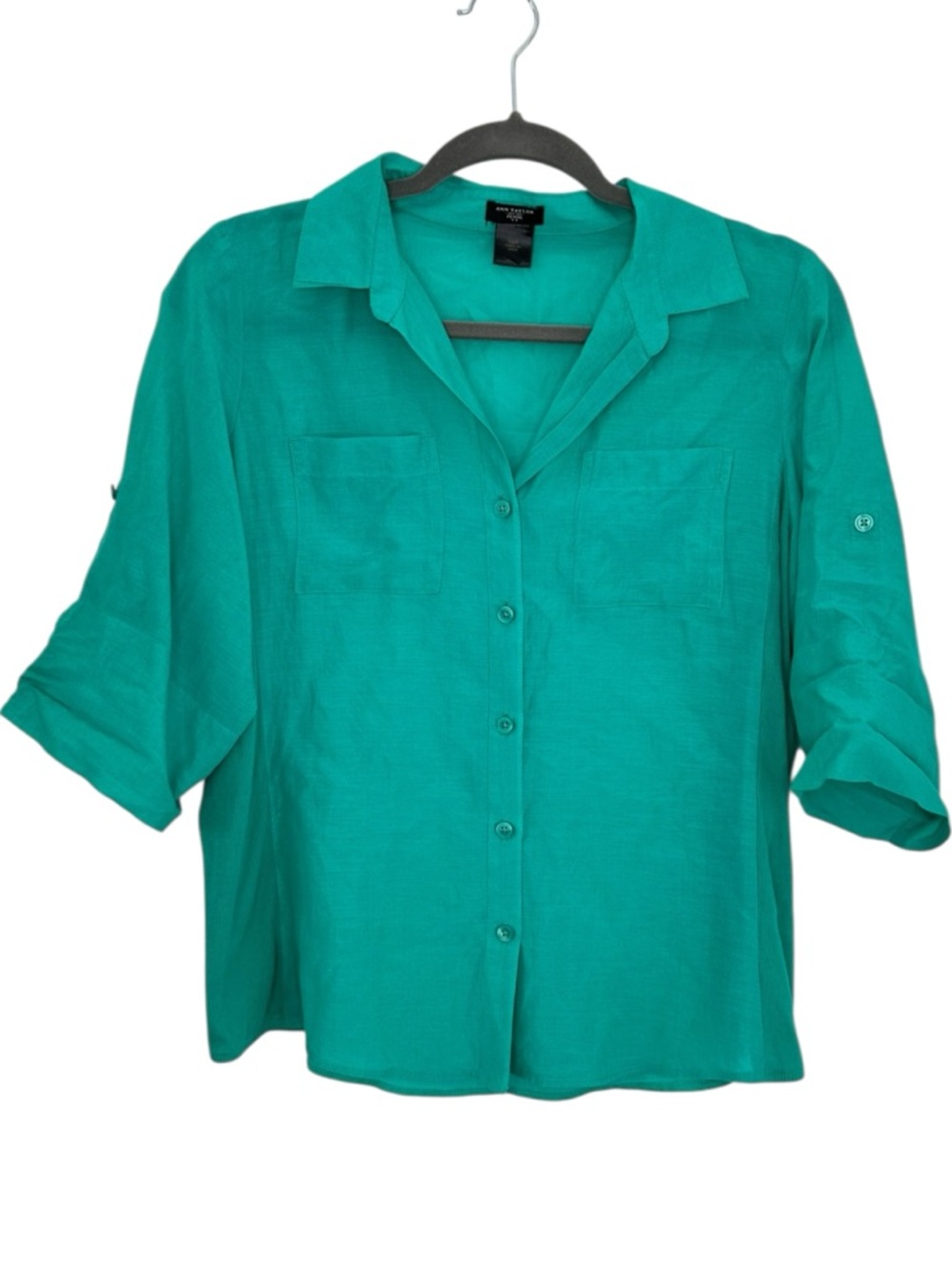 Ann Taylor Petite 12P Teal Button Down Blouse Roll Tab Sleeve Silk Cotton Shirt